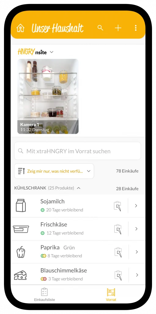 Mockup Vorrats-App mit Vorratsübersicht und Kühlschrank Inhalt Bild